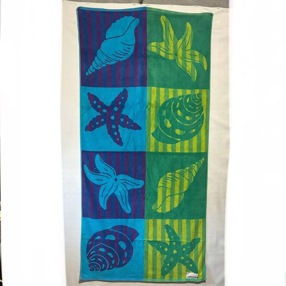 Vtg Beach towel 100% Cotton 27X56 blue green starfish seashells EUC NICE